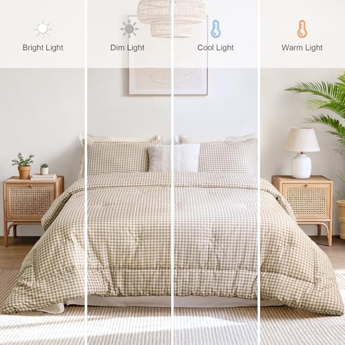 SunNewt Queen Comforter Set Tan Gingham 3 Pieces - Plush Bedding