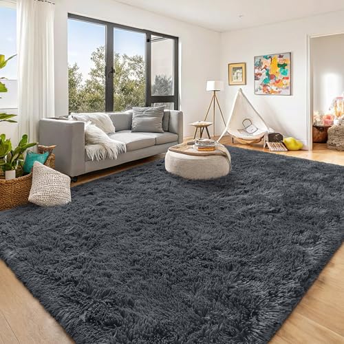 8x10 Ft Large Machine Washable Area Rug for Living Room & Bedroom - Grey, Soft Shaggy Floor Carpet