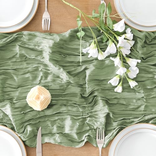 Veblandy Sage Green Cheesecloth Table Runner 120 Inch Boho Rustic Wedding Decor