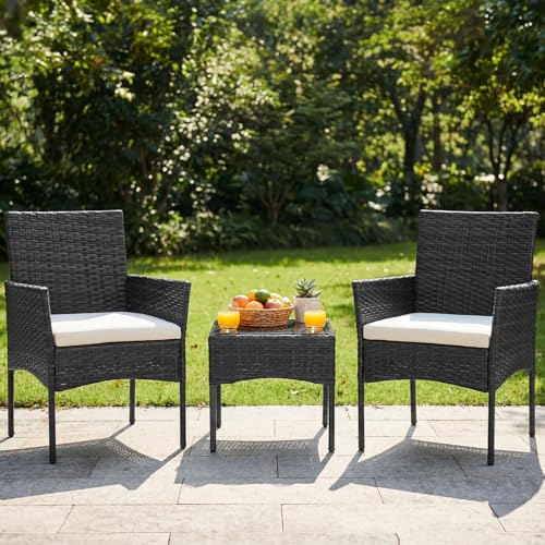 DUMOS Outdoor Wicker Bistro Set - 3-Piece Patio Furniture Set, Black, Weather-Resistant