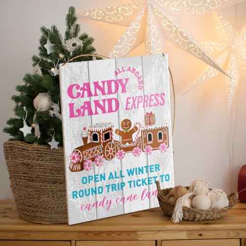 Christmas Decorations Hanging Sign, Christmas Bakery Decor Rustic Gingerbread Holiday Decorations Xmas Wooden Wall Sign, Candy Land Express