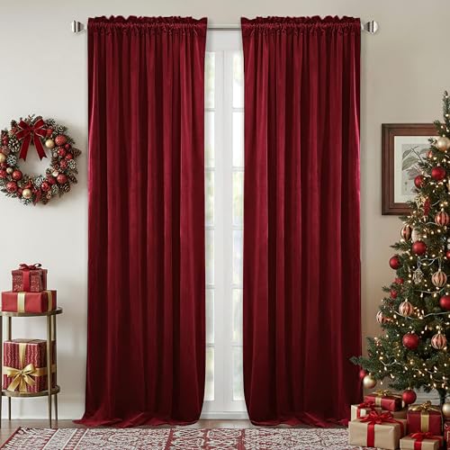 Autumn Series Red Velvet Theater Curtains - 2 Panels, 52W x 84L, Fall Decor