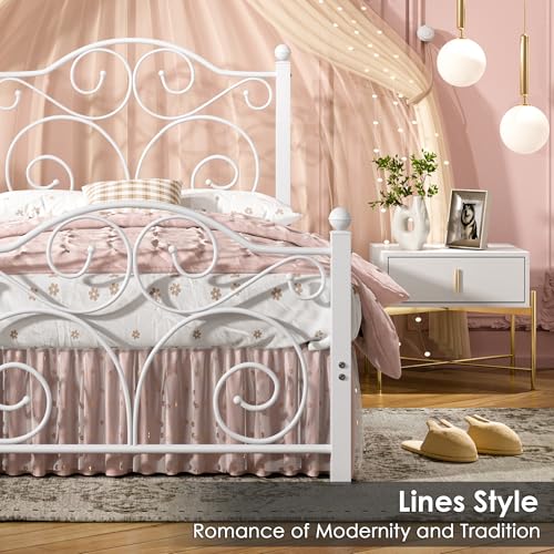 Twin Metal Bed Frame with Headboard Footboard Support - White, Easy Assembly