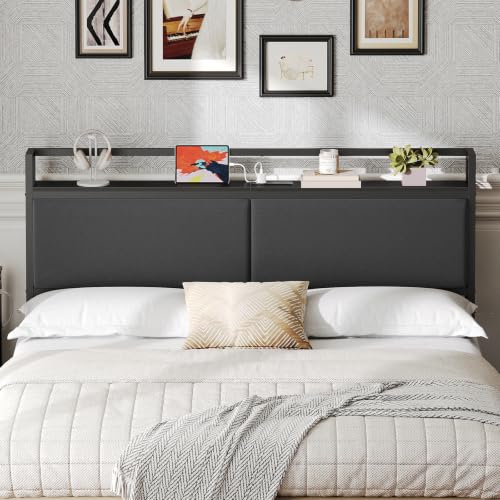 YATINEY Black Queen Upholstered Headboard with Storage & Charging Station, Adjustable