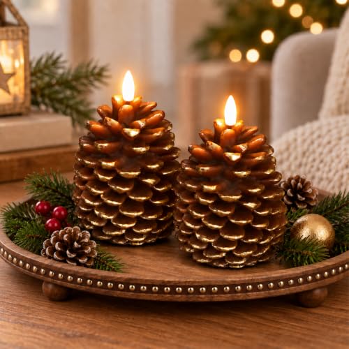 Fo32won Brown Pine Cone Flameless Candles with Remote, Real Wax, 4-inch
