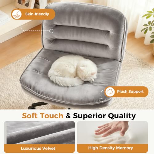Gray Velvet Cross Leg Office Chair with Wide Seat & Swivel - Armless Vanity Seat