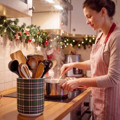 Qinyoung Christmas Utensil Crock with Tartan Plaid Design - Green Ceramic Kitchen Organizer