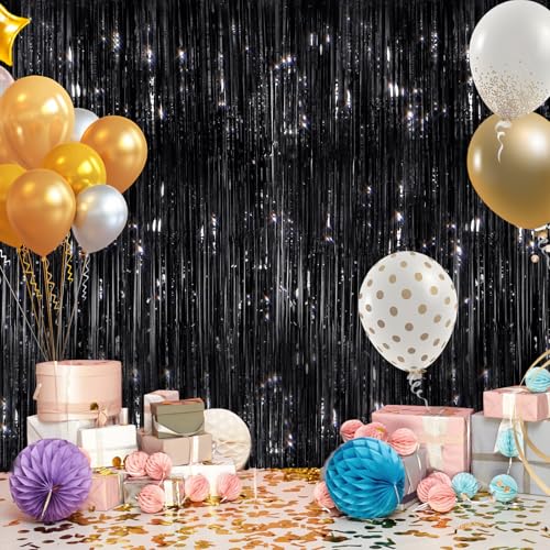 GCB 2Pack Black Metallic Tinsel Foil Fringe Curtains, Black Foil Curtain Backdrop, Photo Booth Props for Birthday Wedding Baby Shower Bachelorette Xmas Celebration Party Decorations Door Streamers