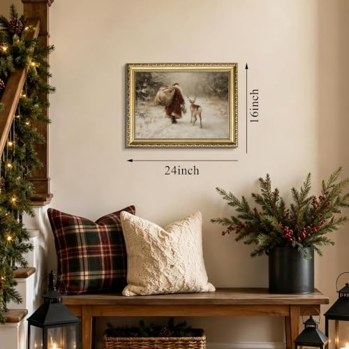 Santa Claus Wall Art with Reindeer Framed Canvas 16x24in Christmas Decor