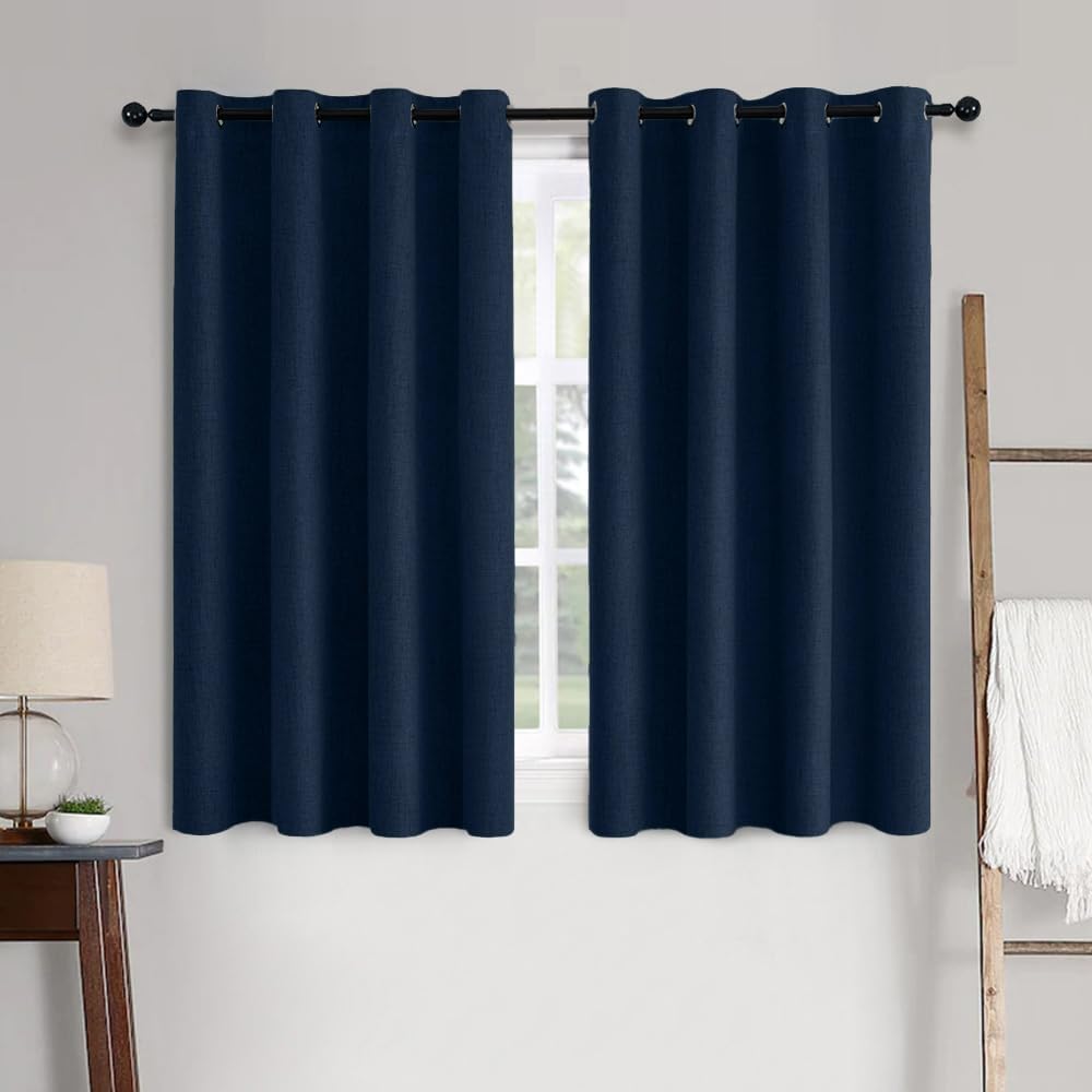 MIULEE 100% Blackout Linen Textured Curtains - Thermal Insulated Midnight Blue | 52 x 72 Inch (2 Panels)