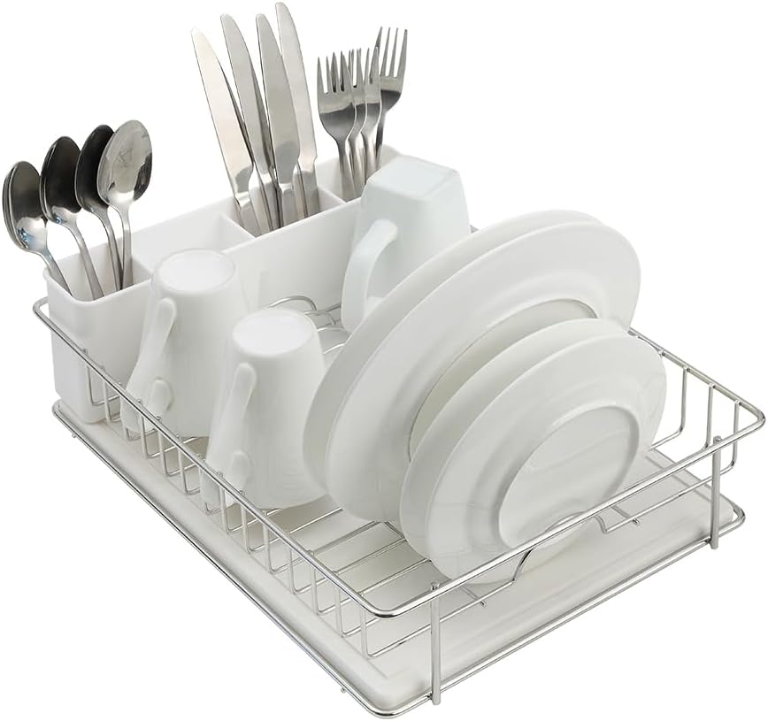SunnyPoint 304 Stainless Steel Dish Drying Rack - Rust Resistant with Diatomaceous Earth Drainboard & Utensil Caddy | Silvery-Grey