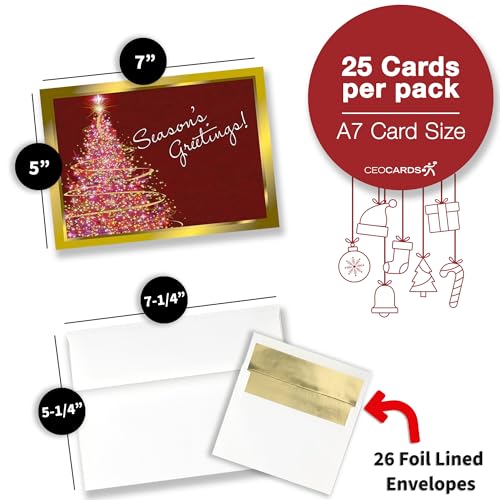 Season's Greeting Cards Set with Gold Foil Lined Envelopes - 25 Pack, 5x7 Holiday Notes