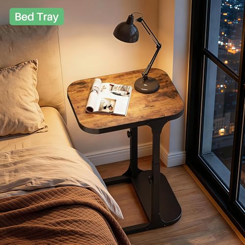 Kitstorack Brown Adjustable C-Shaped End Table for Couch & Bed - Rustic Metal Frame