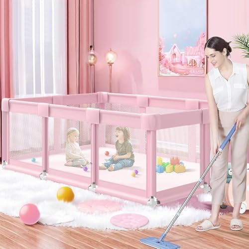 Pink Baby Playpen 74x50x27 Inch Large Indoor & Outdoor Toddler Play Yard with Soft Mesh