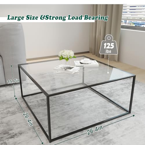 Black Glass Coffee Table Modern Center Table with Metal Frame - Easy Assembly