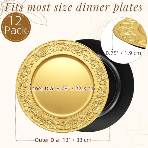 Cheardia 12 Pcs 13” Gold Charger Plates - Ornate 3D Rose Pattern