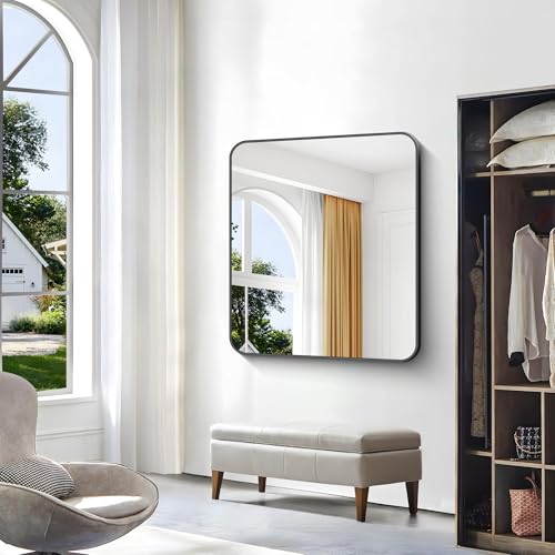 BONEWEI 36x40 Inch Black Rounded Rectangle Wall Mirror - Vanity, Bathroom & Living Room Decor