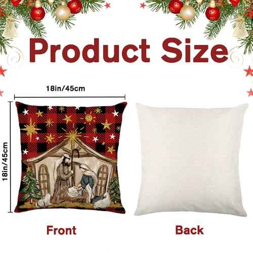 4pcs Christmas Pillow Covers 18x18in O Holy Night Jesus Buffalo Plaid Stars Throw Pillow Covers Xmas Winter Holiday Seasonal Cushion Case Decorations for Farmhouse Couch Sofa Home Decor