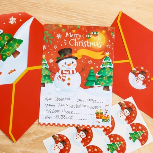 WERNNSAI 24 Pack Christmas Party Invitations - Christmas Snowman Invitation Cards with Envelopes Stickers for Kids Red Xmas Invites for Christams Holiday Winter Party Supplies with Snowman Design