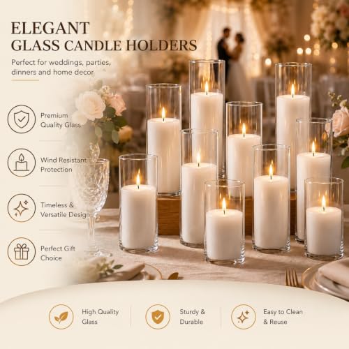 12-Piece White Pillar Candles & Glass Cylinder Candle Holders Set - Wedding & Event Decor