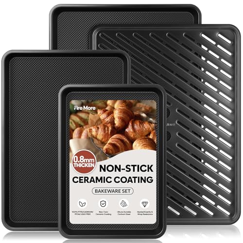 12/16/18 Inch Nonstick Baking Sheet Set with Cooling Rack - Heavy Duty Carbon Steel, Oven Safe, Ceramic Coated, PFOA/PTFE Free