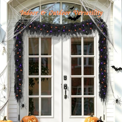 Black Halloween Cedar Garland - 9ft Faux Foliage with Purple Lights - Variation of THIS listing