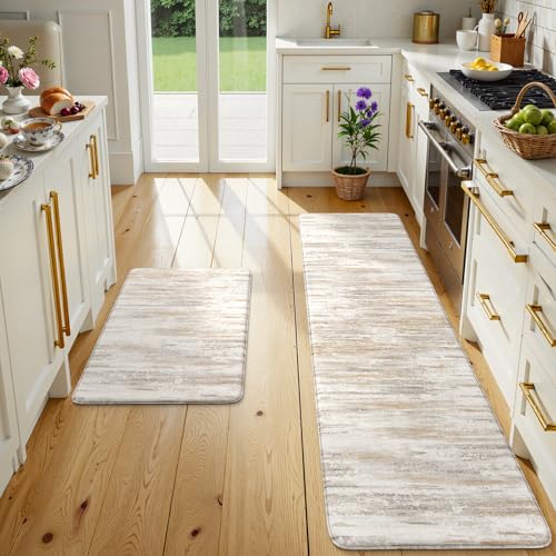 KIMODE Anti-Fatigue Kitchen Mats Set of 2, Farmhouse Abstract Rugs 20x71 + 20x32 inches, Waterproof & Non-Slip Comfort Mats