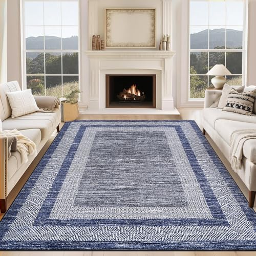Blue 8x10 Washable Distressed Area Rug - Modern Geometric Floor Carpet