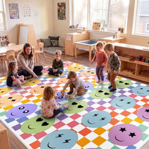 Classroom Rug - Large 7.6x12 ft Pastel Smile Face Play Area Mat - Bright Learning Space - Variation of Pastel / Smile Face