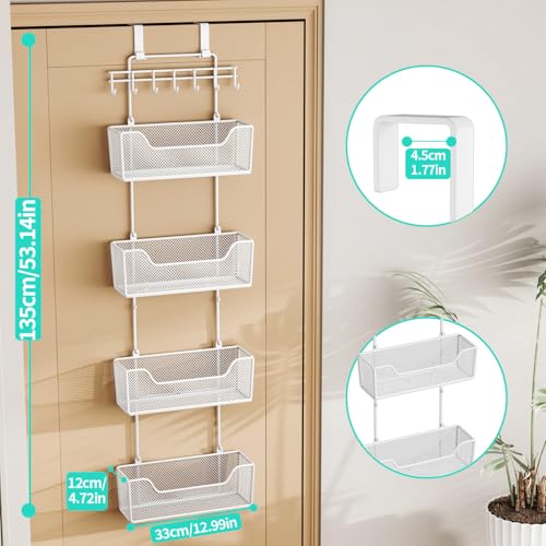 White Over Door Organizer with 4 Metal Baskets & Adjustable Hooks - HapiRm