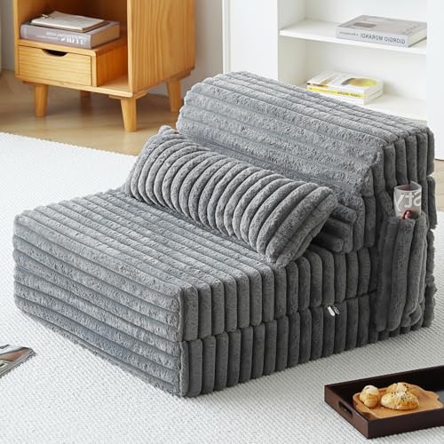 Tiita Corduroy Grey Folding Sofa Bed - Single Size Convertible Lounge Chair Mattress with Pillow & Side Pocket