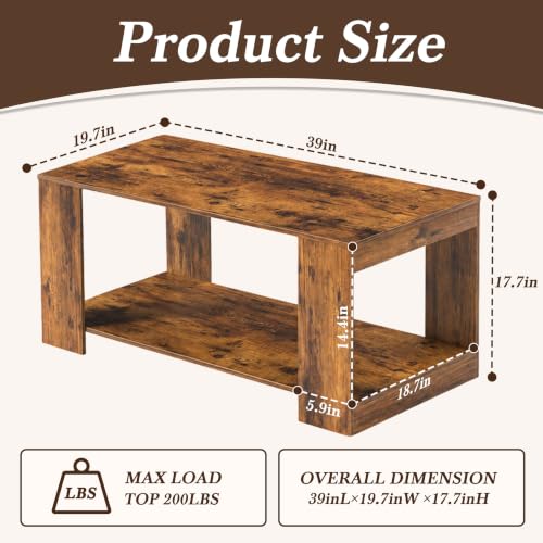 Coffee Table for Living Room - 39-Inch 2-Tier Wood Storage Table - Brown Rectangle Variation