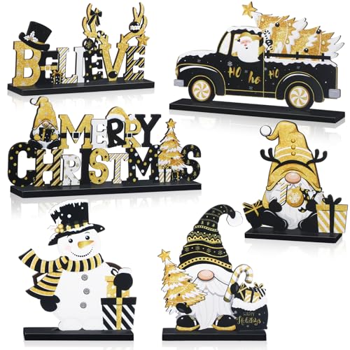 Capoda 6 Pcs Wooden Christmas Table Centerpieces Black & Gold Holiday Decor