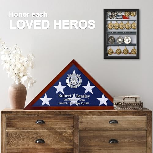 Personalized Burial Flag Display Case - Red Mahogany Wood with Custom Name & Date