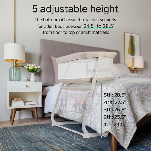 Baby Bassinet Bedside Sleeper with 5-Position Height Adjustment - All-Mesh Wall, Space-Saving Crib - Beige (Variation of THIS listing)