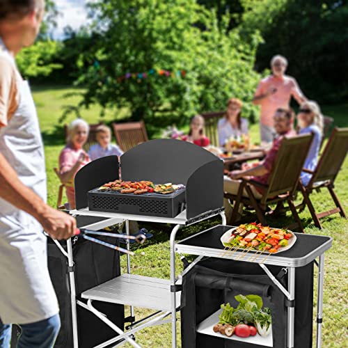 CampLand Folding Camping Kitchen Table with Windscreen & Storage Cabinet - Black2cabinet