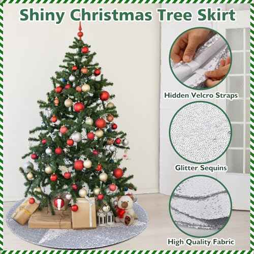 MACTING Christmas Mini Tree Skirt 24 Inch Glitter Sequin Small Tree Mat Sparkly Tree Base Cover for Farmhouse Holiday Party Indoor Home New Year Xmas Tree Decorations(Silver)