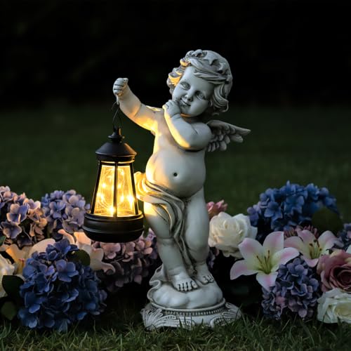 Solar Angel Garden Statue with Lantern Outdoor Decor, 11.22 inch Waterproof Resin