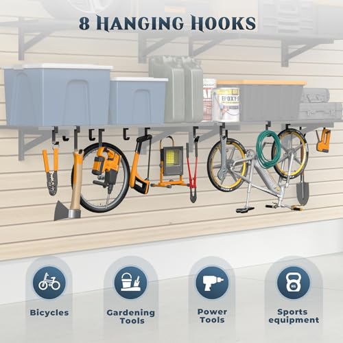 2 Pack Wall Mounted Garage Shelving with 8 Hooks - 1.5x4ft Heavy Duty Steel Storage Racks