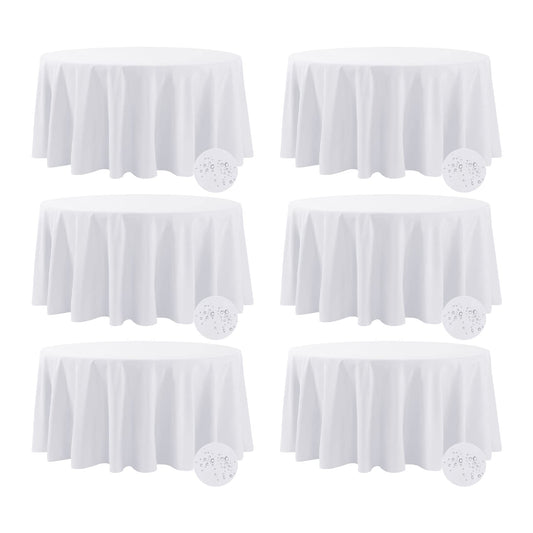 Fokitut 6 Pack Waterproof Round Tablecloth, 132 Inch, Stain Resistant and Wrinkle Polyester Table Cloth, Fabric Table Cover for Kitchen Dining, Wedding, Party, Holiday Dinner-White