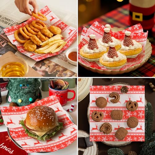 KIKISML 100 Pcs Christmas Reindeer Deli Paper Sheets 7x7 Inch Food-Grade Greaseproof Wrapping Paper