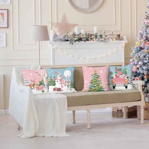 Bonhause Blue Pink Christmas Throw Pillow Covers 18 x 18 Inch Reindeer Snowman Xmas Trees Santa Snow Decorative Pillow Cases for Couch Bed Home Winter Holiday Decor Set of 4