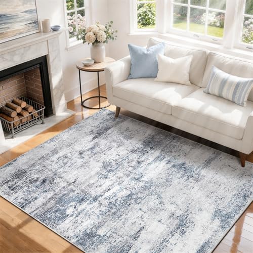 Blue Grey 5x7 Washable Area Rug for Living Room Bedroom Dining Room - Anti-Slip