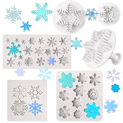 Patelai 6-Piece Snowflake Silicone Molds & Plunger Cutters for Fondant, Chocolate & More