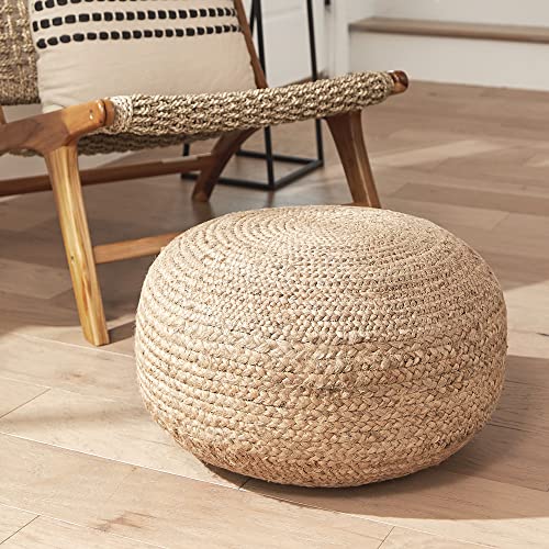 Decor Therapy Round Jute Ottoman Pouf - Boho Natural Woven Footrest & Extra Seating, 19x19x10.5 inches