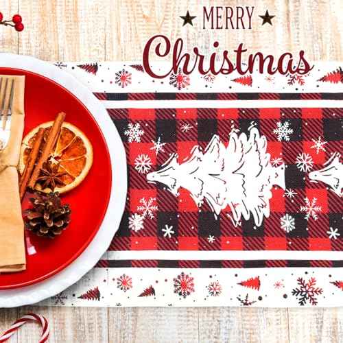 Buffalo Plaid Christmas Tree Christmas Table Runner, Red Winter Holiday Kitchen Dining Christmas Table Decoration for Indoor Outdoor Home Party Decor 13x72 Inch (Christmas Tree)