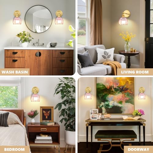 Gold-Pink Vintage Battery Operated Wall Sconce Set of 2 – Wireless Dimmable LED Lamps with Remote for Bedroom Living Room