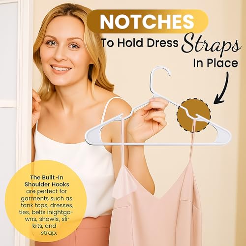 100 Pack Adult Plastic Hangers for Shirts Pants Coats Dresses & Skirts - White, Slim & Durable