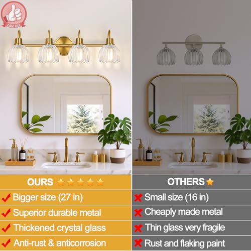 4-Light Bathroom Vanity Light Fixture - Brushed Gold with Tulip Clear Glass Shade, Over Mirror for Bathroom, Bedroom, Hallway - Variation: Brushed Gold - Tulip Clear