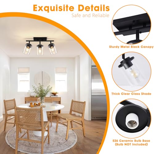 Black 3-Light Semi Flush Ceiling Light with Glass Shades - Adjustable Track Mount